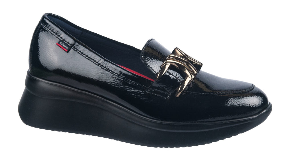 Callaghan black patent leather wedge loafer with gold detailing.