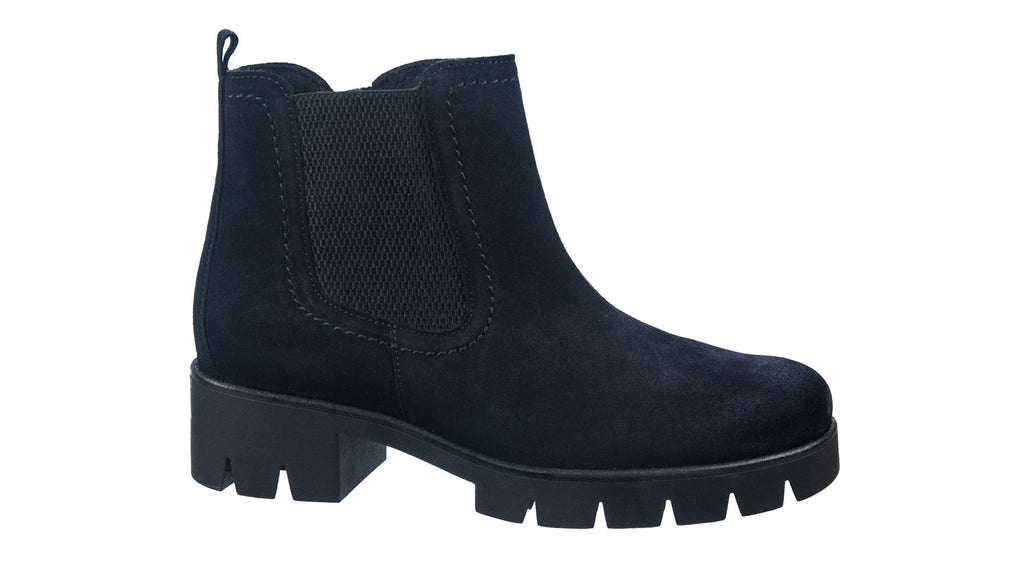 Gabor women's navy suede ankle boot with low heel.