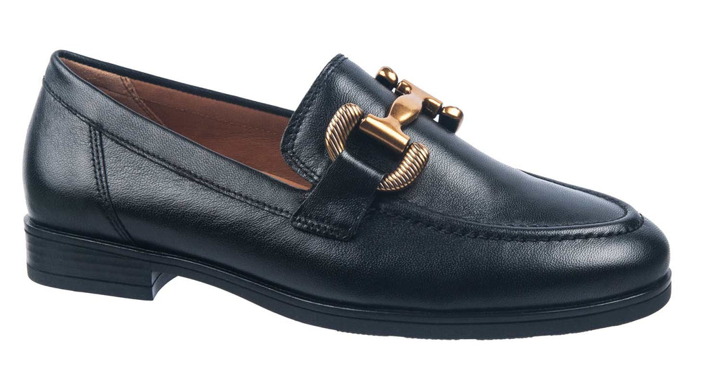 Ladies black leather loafers with low heel from Gabor shoes