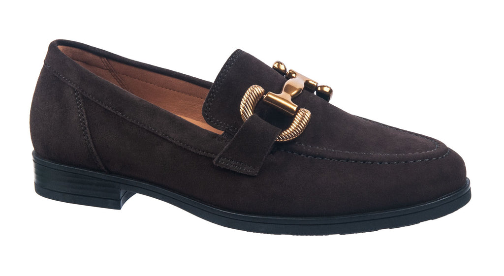 Brown suede ladies loafers with gold detailing from Gabor shoes