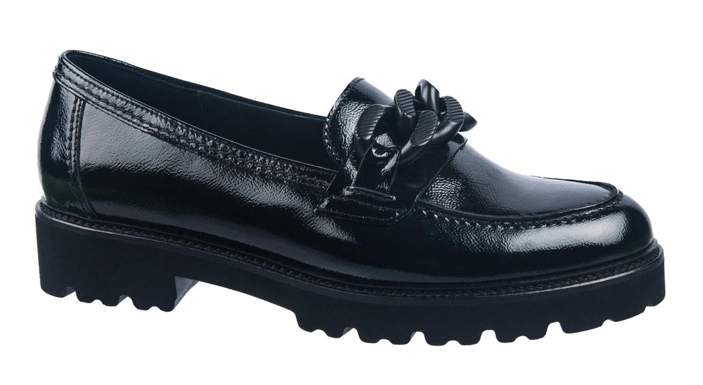 women's black soft leather loafers with a chunky sole from Gabor shoes