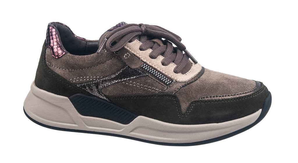 Gabor women's trainer in taupe suede with green suede details, a zip, and a thick sole.