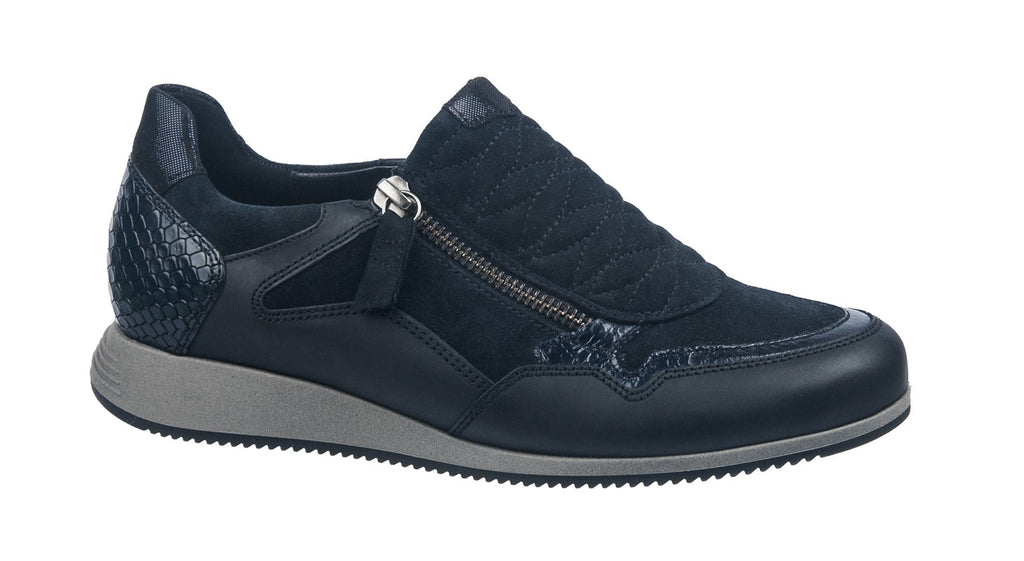 Gabor women's navy leather and suede trainer with dark grey sole and zip 