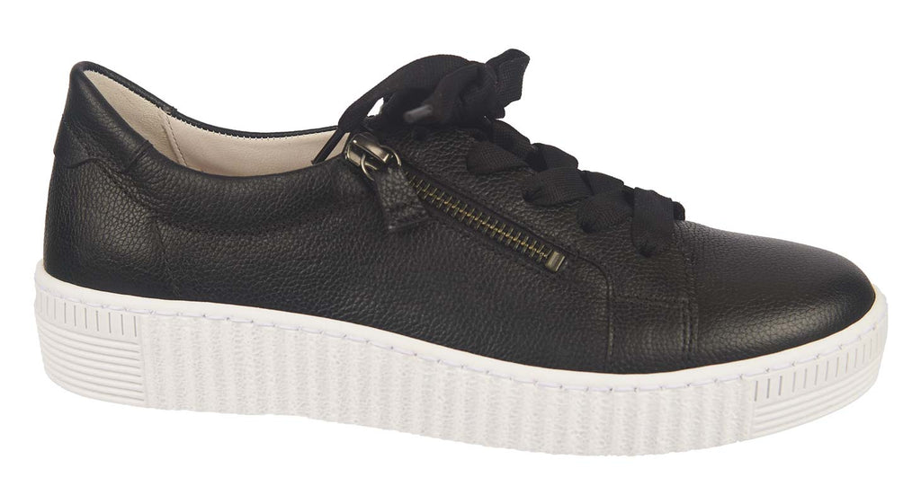 Gabor ladies laced trainers in black soft leather with a white sole. 