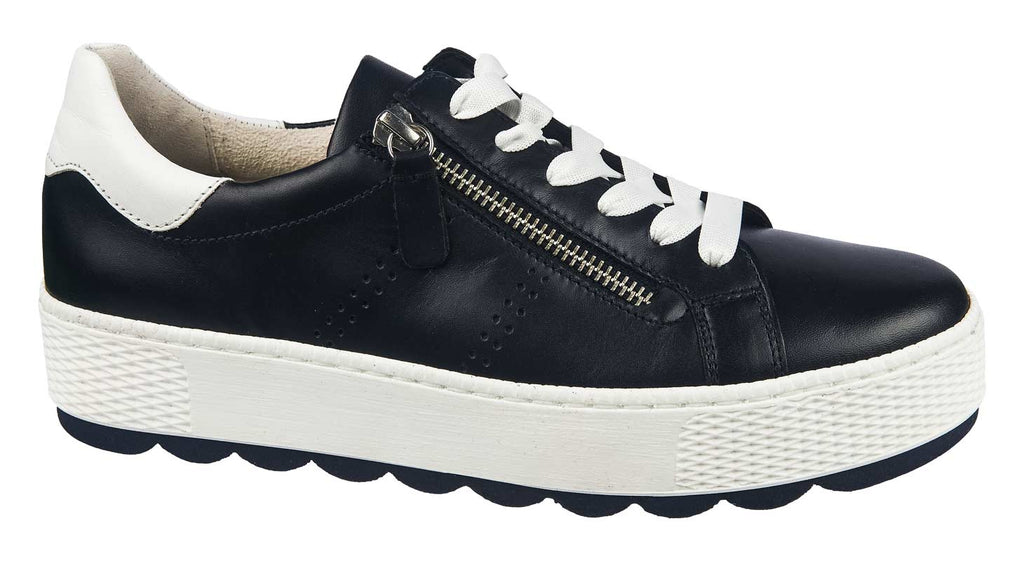 Gabor shoes navy leather laced trainers with a side zip and white sole .