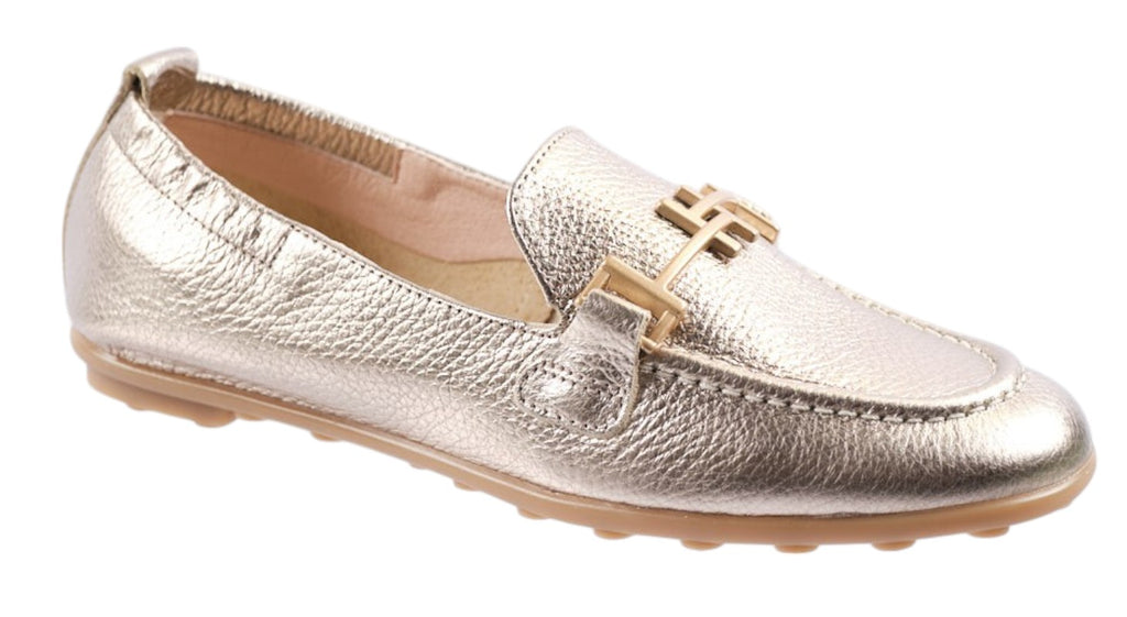 Gold leather flat driving loafer with gold trim