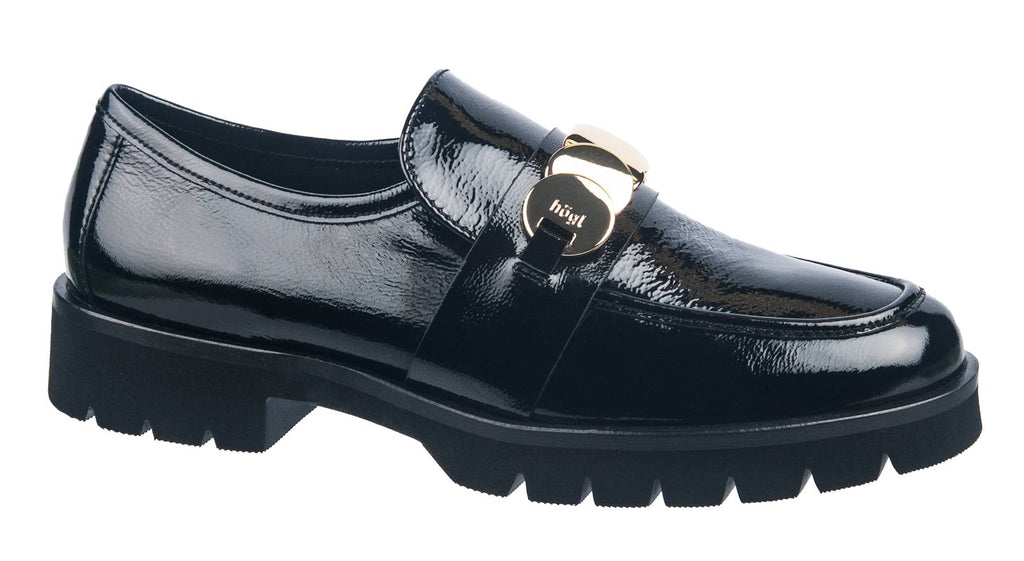 Hogl black patent leather loafer with gold details and think sole.