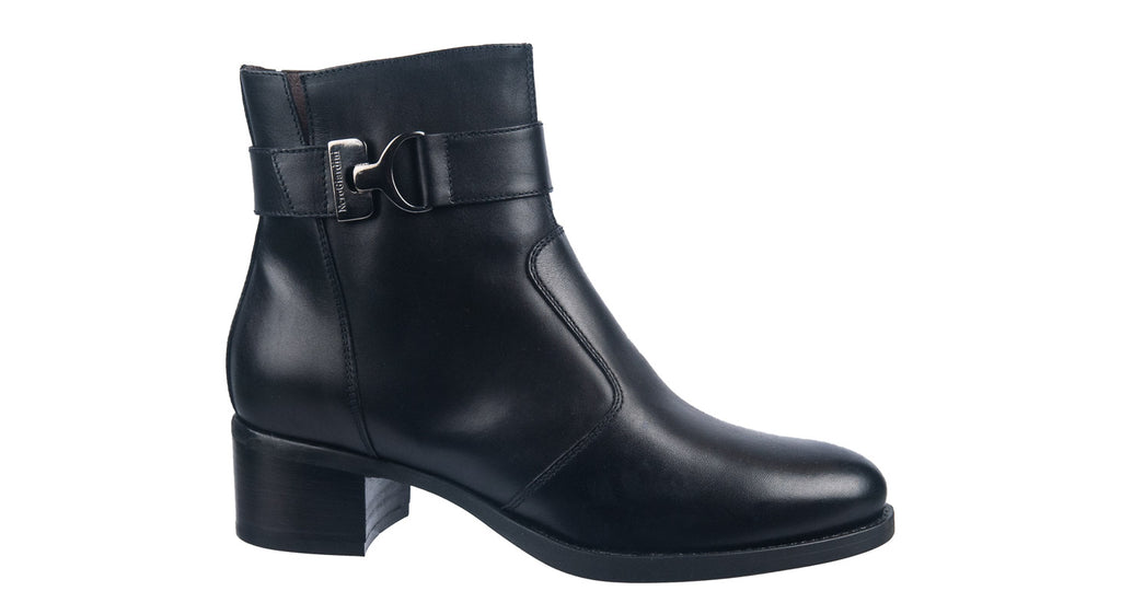 NeroGiardini black leather heeled ankle boot with buckle detailing.