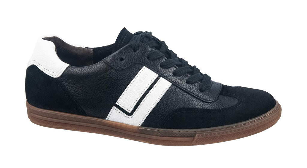 Paul Green black leather and suede women's trainer with white detailing and gum sole.