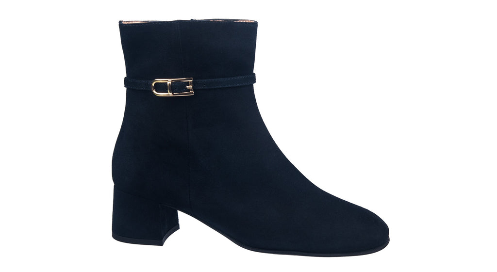 Unisa navy suede heeled ankle boot with strap detailing