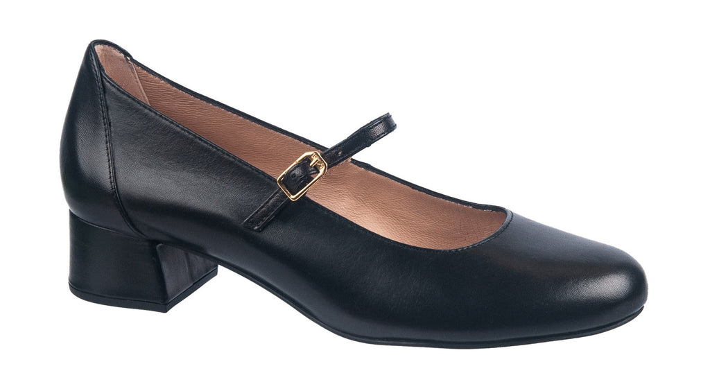 Unisa black leather Mary Jane shoe with gold buckle.