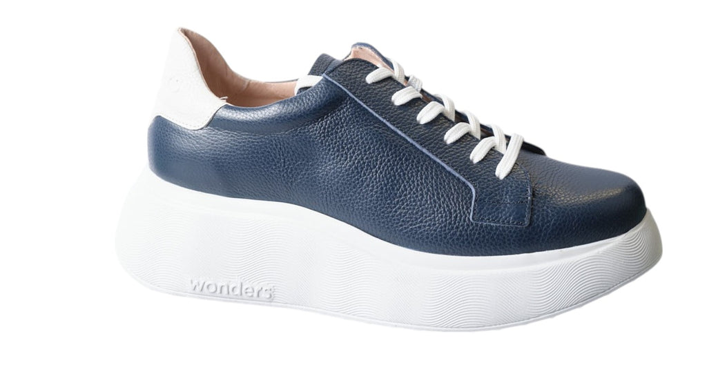 Wonders navy leather trainers with a white sole